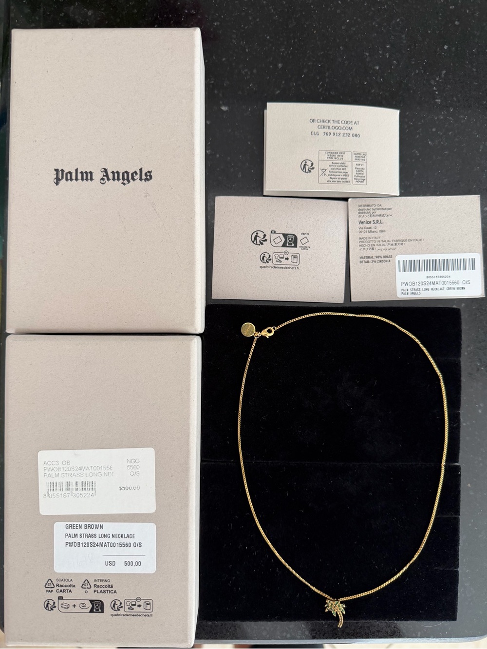 Palm Angels Gold Necklace with Green-Brown Palm Tree Charm
